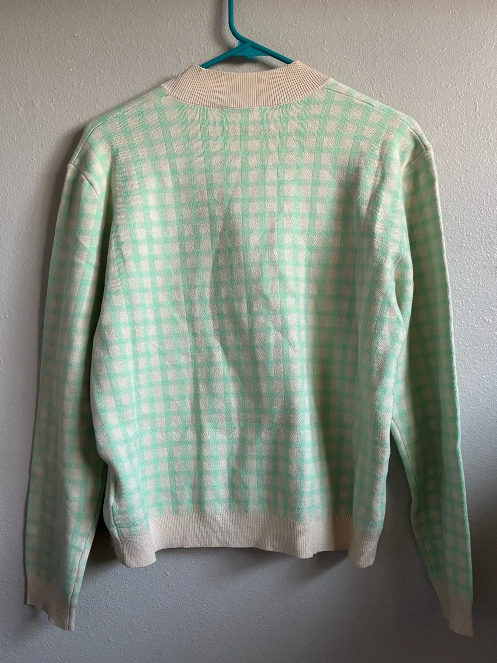 Aiblee Plaid Cardigan Long Sleeve Cream Mint Green Large Fall Preppy Sweater